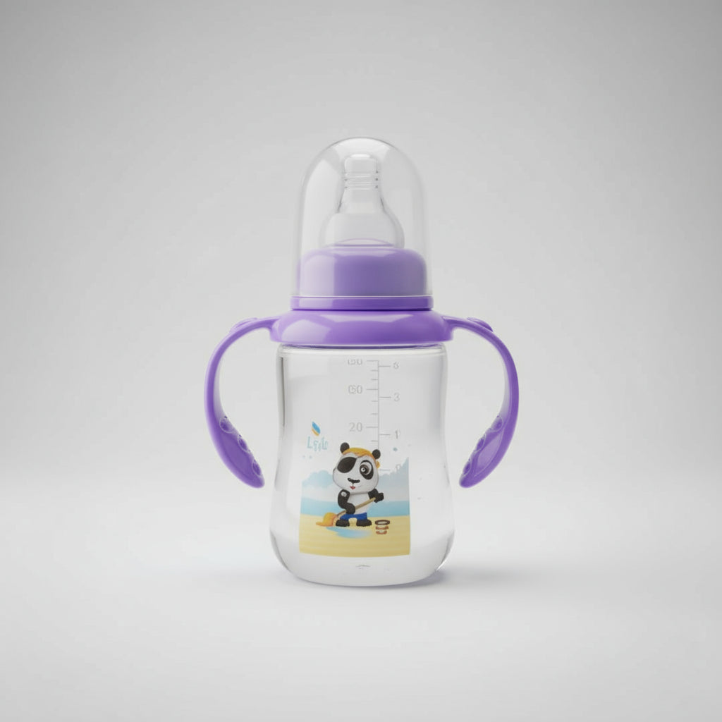 Baby bottle with purple handle on a wooden surface