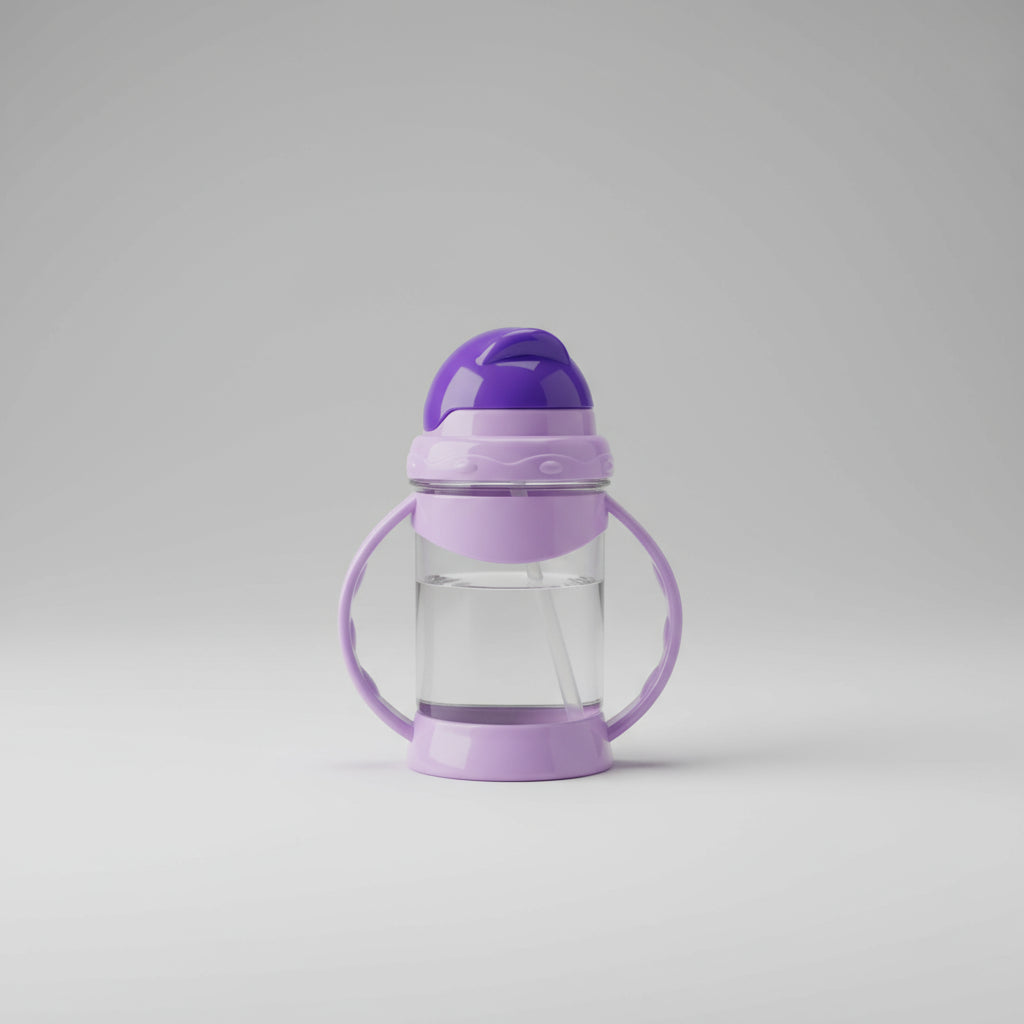 Purple children's sippy cup on a wooden surface with a blurred background